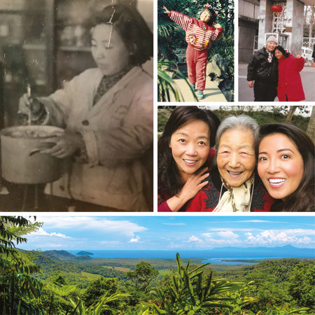 A collage showing Susie's grandma stirring a bowl in a lab coat, nostalgic family photos, Susie's mum, Susie's nan and Susie. And at the bottom an image of the tropical rainforest with the sea and sky merging in the distance in blue.
